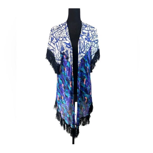 Maaji Multicolor Saddles Equestrian Print Fringe Kimono Swim Cover-up Retro Sz S - Picture 3 of 13
